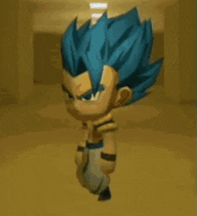 a cartoon character with blue hair is standing in a hallway holding a sword .