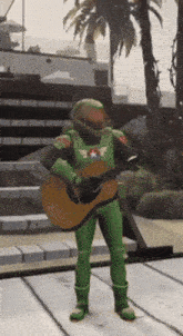 a man in a green armor is holding a guitar