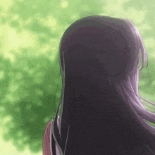 a girl with long purple hair is standing in front of a green forest .
