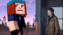 a minecraft character with red hair and a blue hat stands next to a woman in a brown jacket