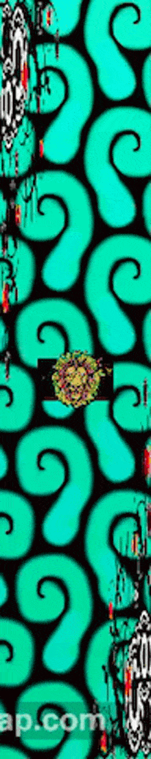a turquoise and black pattern with a turtle on the bottom right