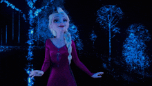 a cartoon of elsa from frozen singing in front of trees
