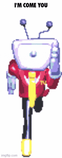 a pixel art of a robot with the words " i 'm come you "