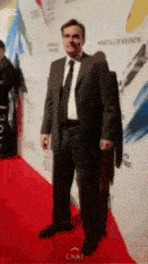 a man in a suit and tie is standing on a red carpet in front of a wall that says moet & chandon