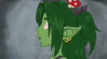 a cartoon drawing of a green elf with earrings