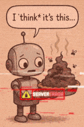 a cartoon of a robot holding a pie and saying i think * it 's this