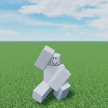 a cartoon character with a smiley face is standing in a field