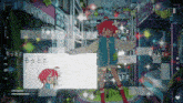 a girl with red hair and a blue jacket is standing in front of a sign that says " もっと "