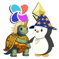 a turtle wearing a unicorn horn and a penguin wearing a wizard hat shake hands
