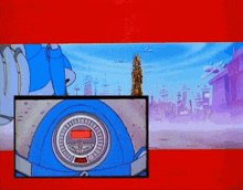 a cartoon shows a blue car with a red circle in the center