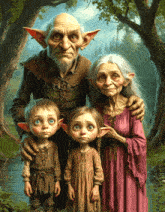 a family of goblins posing for a picture with a woman in a pink dress