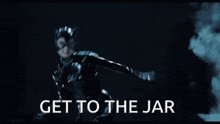 a woman in a catsuit with the words get to the jar below her