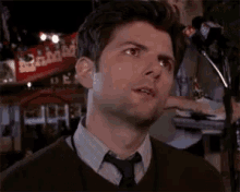 a man wearing a sweater and tie looks at the camera