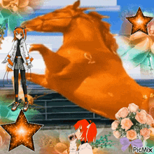 a girl with red hair is standing next to an orange horse with the letter o on its back