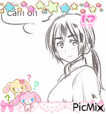 a drawing of a girl with a ponytail and a speech bubble saying calm on