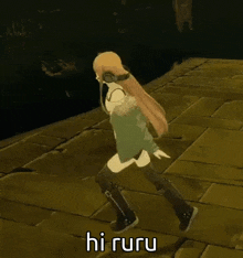 a girl in a video game is walking on a brick sidewalk and says hi ruru .