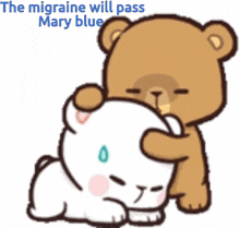 a cartoon of a bear hugging another bear with the words the migraine will pass mary blue
