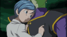 a girl with blue hair is hugging a green man