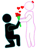 a drawing of a man kneeling down giving a bouquet of flowers to a woman