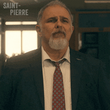 a man with a beard wearing a suit and tie is standing in front of a sign that says saint-pierre