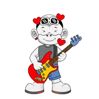a cartoon character is holding a red guitar with the word zhot on it