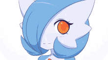 a blue and white cartoon character with orange eyes and a pink tongue