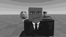 a black and white drawing of a man in a suit and tie holding a can of boss