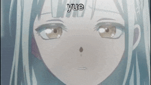 a close up of a girl 's face with the word yue written on it