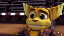 a close up of a cartoon character with green eyes and a smile on his face .