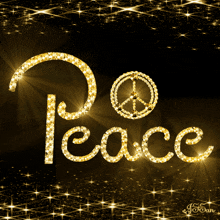 a peace sign is surrounded by the word peace in gold