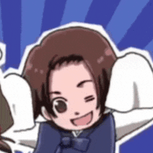 a close up of a cartoon character with brown hair and a blue bow tie .