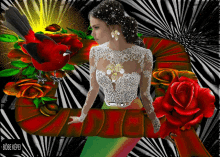 a woman in a white dress is surrounded by roses and a red bird