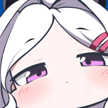 a close up of a cartoon character 's face with white hair and purple eyes