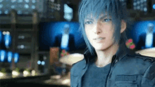 a man with blue hair and a black jacket is standing in front of a bar .