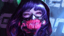 a girl with purple hair wearing a mask with red teeth on it