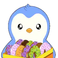 a penguin is holding a box of donuts with sprinkles on them