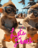 two monkeys wearing glasses and orange shorts are dancing on the beach .
