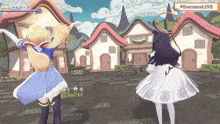 two anime characters are dancing in front of a sign that says evermorelive