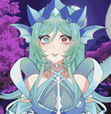 a girl with green hair and a blue crown