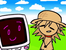 a cartoon of a scarecrow standing next to a computer