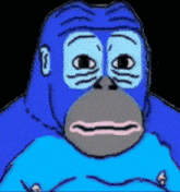 a cartoon of a blue gorilla with a funny face on a black background .