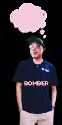 a man wearing a blue shirt with the word bomber on it