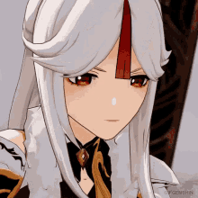 a close up of a cartoon girl with long white hair and red eyes .