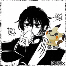 a black and white drawing of a boy eating a sandwich and a stuffed animal .