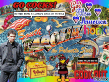 a poster that says go cocks on it with a man standing in front of it
