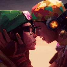 a man wearing headphones with a cross on them kisses a woman wearing glasses