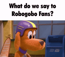 a cartoon dog wearing a purple and yellow helmet stands next to a blue mailbox