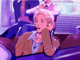a cartoon drawing of a woman sitting on a couch with a microphone in her ear