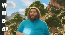 a man in a blue shirt is holding a blue cube in front of a sign that says who a!