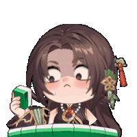 a cartoon girl is holding a green cube in her hand and playing mahjong .